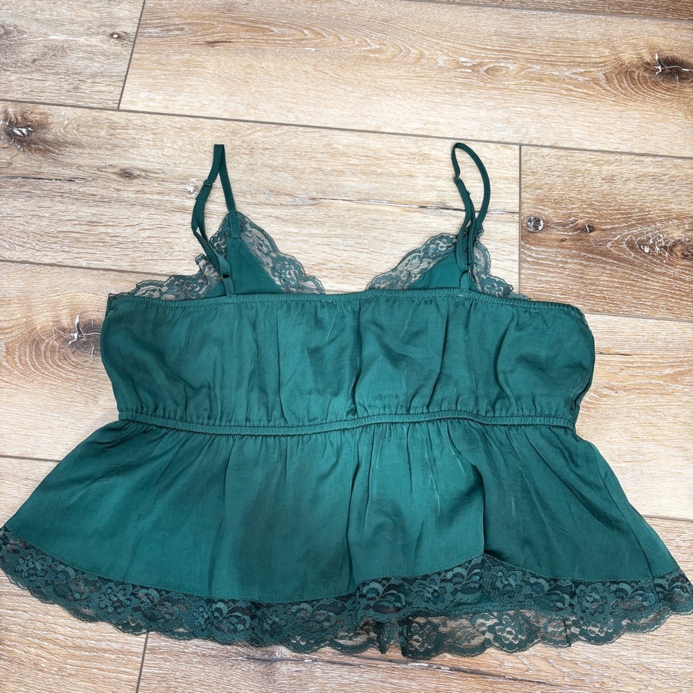American Eagle Lace Cami Forest Green Cropped Babydoll Top Size Large Satin NWOT - Picture 3 of 11